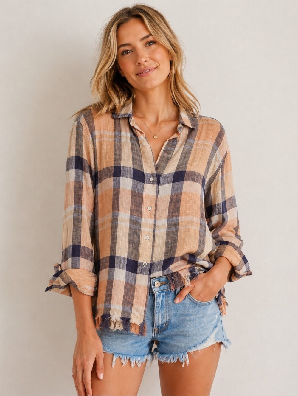 ❤️ NWOT! BELLA DAHL PLAID BUTTON DOWN LINEN COTTON BLEND TOP / SHIRT, FRAYED HEM